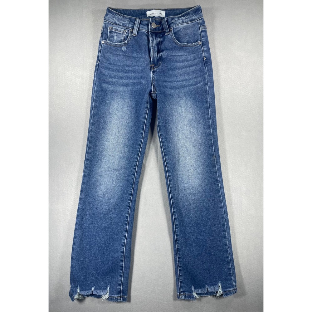 Risen Jeans High Rise Straight Leg Raw Hem Medium Wash Distressed  Size 1/25